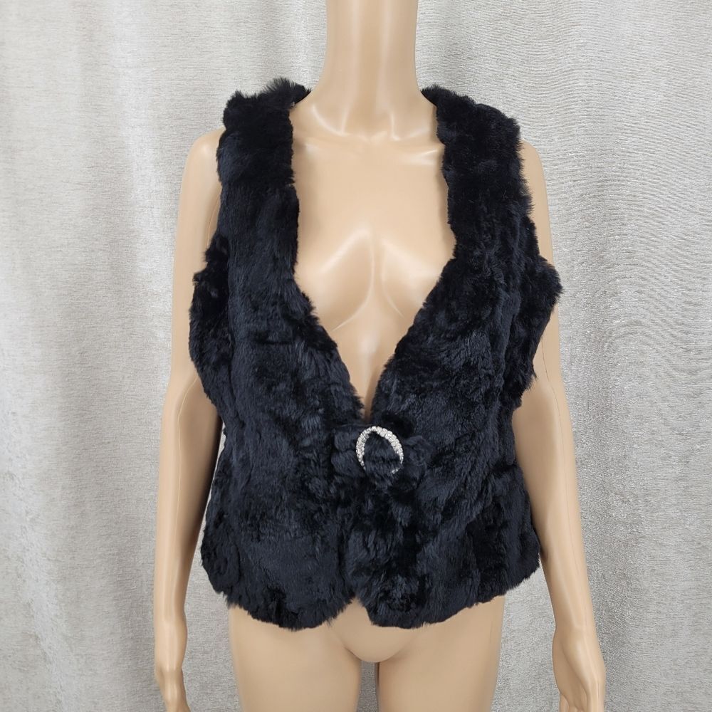If It Were Me Y2K Black Rabbit Fur Vest with Rhinestone Buckle Satin Lining